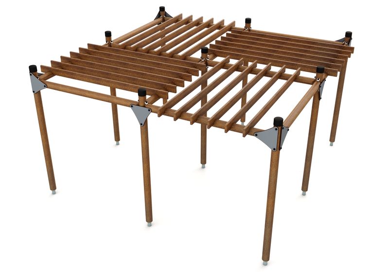 Wooden Post Pergola - 4 Sections Bark Brown Sunken Foundation